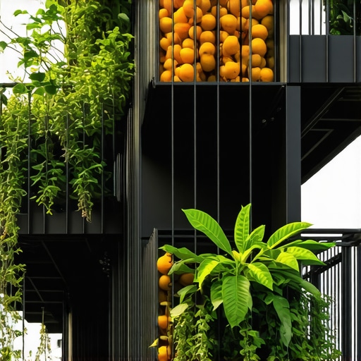 Vertical garden with fruits on balcony, eco-friendly materials, vibrant colors