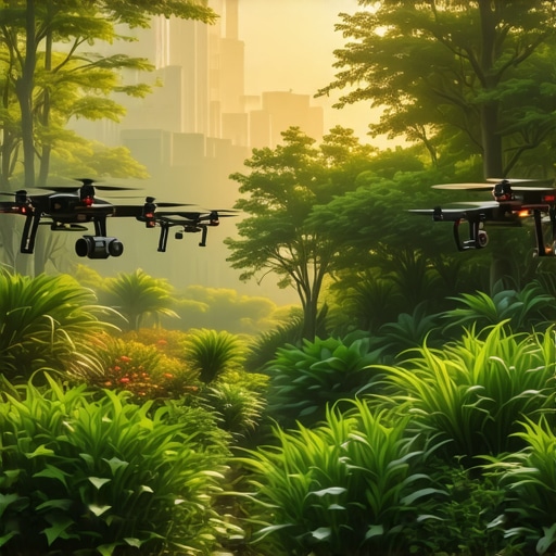 Modern high-tech garden with innovative technology Futuristic garden with sensors, drones, and AI tools for plant care