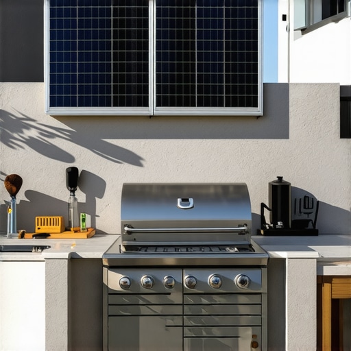 Moderna pametna spoljašnja kuhinja sa tehnologijom IoT Prikaz moderne spoljašnje kuhinje sa visokotehnološkim uređajima i ekološkim materijalima, u realnom okruženju.