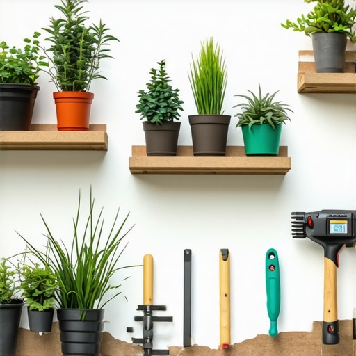 Weather-resistant outdoor floating shelves made from recycled composite materials installed in garden with plants