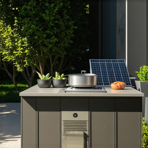 Pametna spoljašnja kuhinja sa tehnologijom IoT i solarnom energijom Ilustracija moderne pametne spoljašnje kuhinje sa IoT uređajima i solarnim panelima