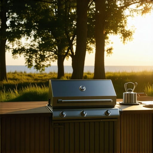 Ilustracija moderne spoljnih kuhinja sa pametnim tehnologijama i solarnim panelima