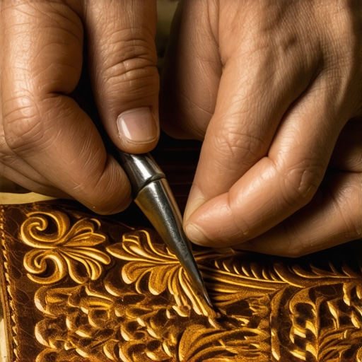 Ruke majstora precizno urezuju cvetni motiv okretnim nožem u kožu.