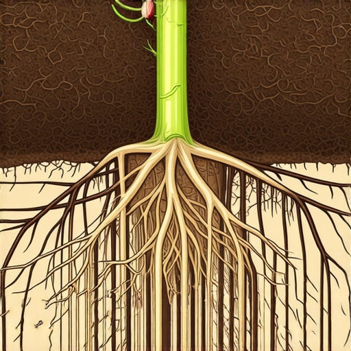 Ilustracija mikorizne mreže gljiva i korena biljaka u tlu obogaćenom organskim malčem, prikazujući efikasnu razmenu hranljivih materija i vlage.