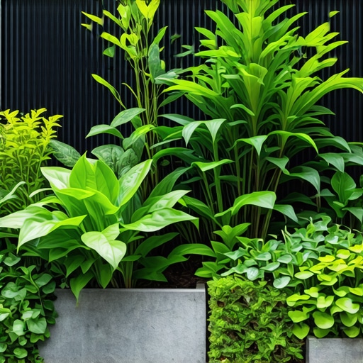 Urban garden with smart irrigation and recycled materials, vibrant green plants, eco-friendly design