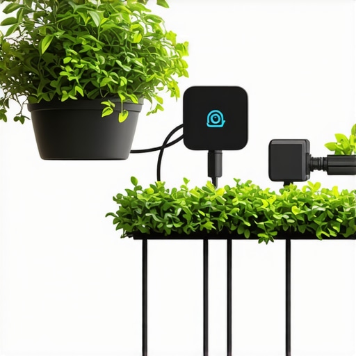 Close-up of IoT sensors and automated watering in a lush backyard garden