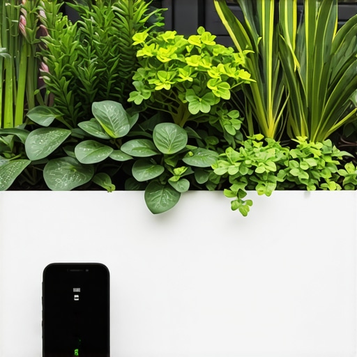 Smart Urban Garden Technologies Close-up of IoT sensors and automated watering system in a balcony garden
