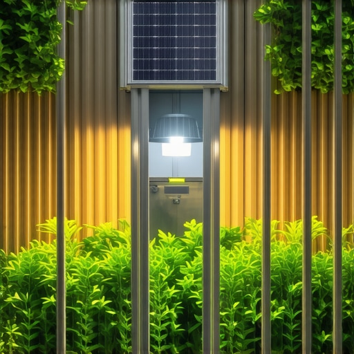 Photo of a modern city garden with smart irrigation and solar-powered lighting