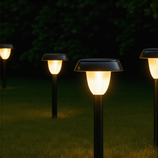 Beautiful backyard illuminated by solar garden lights during sunset