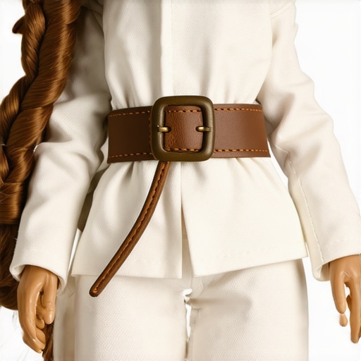 Detaljno urađena lutka od gline sa realističnom odećom od tkanine i dodacima, prikazujući veštine mešovitih medija.