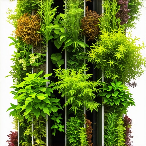 Vertical garden with diverse plants and recycled materials in an urban setting