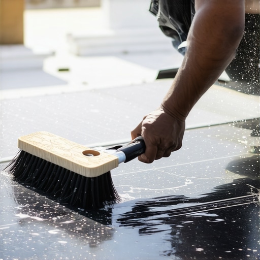 Čišćenje solarnih panela mekom četkom Čovek čisti prljave solarne panele na krovu pomoću vode i meke četke
