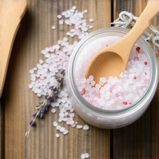 DIY Mirisne soli za kupanje Domaća mirisna so sa lavandom u tegli na drvenom stolu