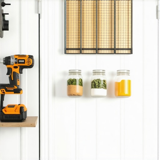 Custom wooden and metal mesh pantry organizer mounted on a kitchen door