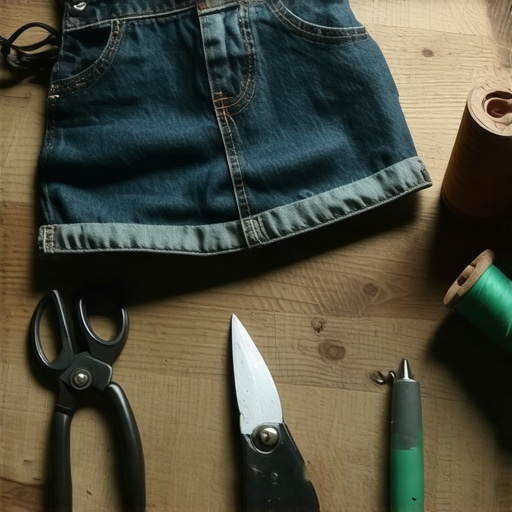 Ručno rađena baštenska kecelja od teksasa na radnom stolu