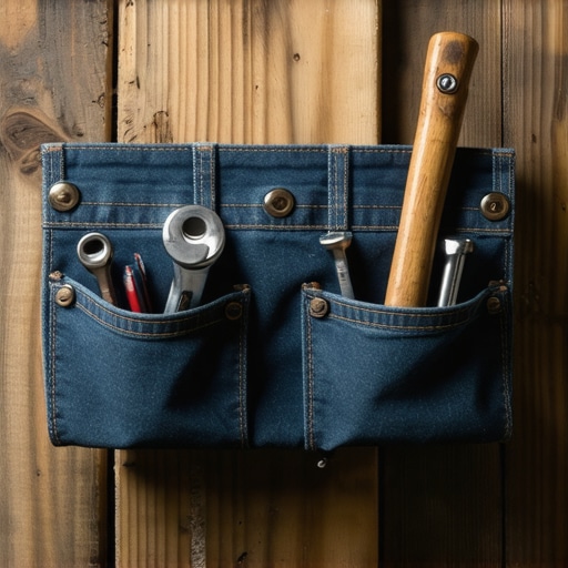 DIY neuništiva torba za alat od starih farmerki Ručno pravljena torba za alat od džinsa na radnom stolu u radionici