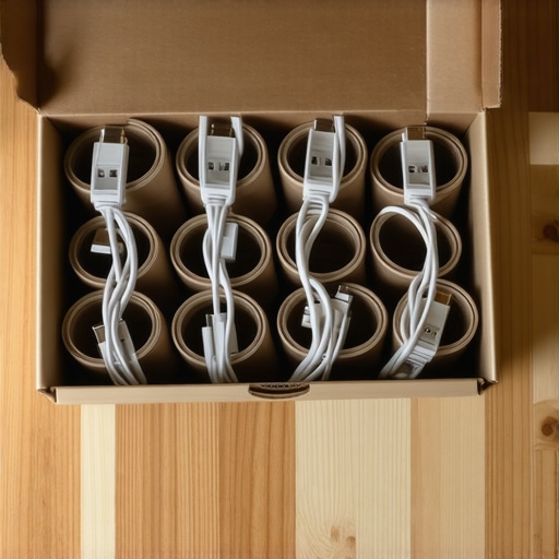 DIY organizator kablova od kartonskih rolni Organizovani kablovi u kartonskim rolnama unutar kutije