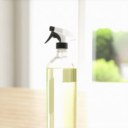 Domaće sredstvo za prozore u akciji Flašica sa domaćim sredstvom za pranje prozora pored čiste krpe