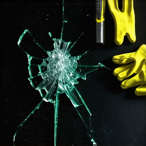 Slomljeno kaljeno staklo u sitnim komadima pored alata