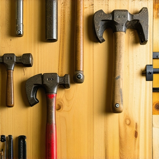 Detaljan prikaz drvenog zidnog nosača za alat u radionici