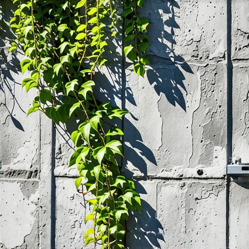 Close-up of a DIY steel cable trellis for climbing plants on a terrace wall.