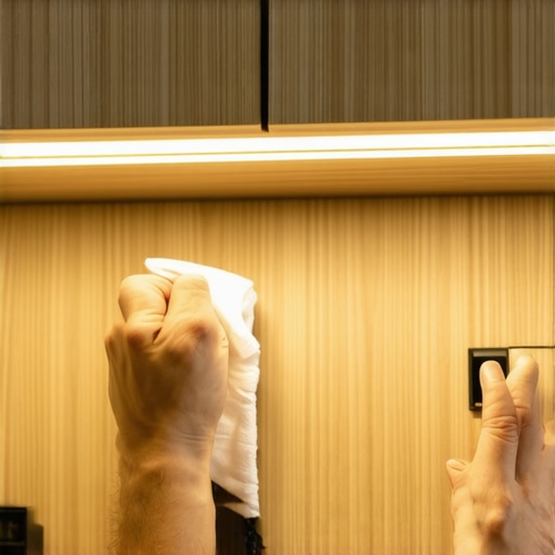 Instalacija bežične LED trake ispod kuhinjskih elemenata Detaljan prikaz lepljenja LED trake na drvenu površinu kuhinje uz korišćenje aluminijumskog profila.