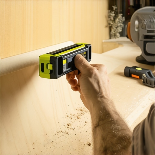 Radnik montira drvenu lebdeću policu na zid koristeći vaser-vagu