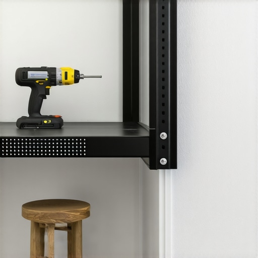 Close-up montaže metalnog sklopivog nosača na zid sa libelom i alatom u malom stanu.