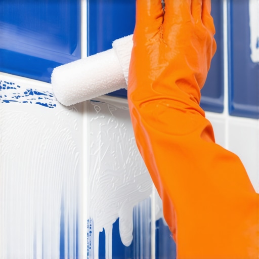 Postupak farbanja pločica u kupatilu dvokomponentnom epoksi bojom uz korišćenje zaštitne opreme.