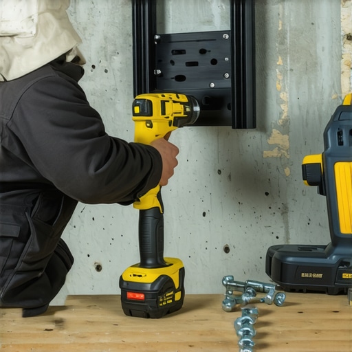 Precizna montaža TV nosača uz vaser-vagu Ruke majstora proveravaju nivelaciju zidnog TV nosača na betonskom zidu