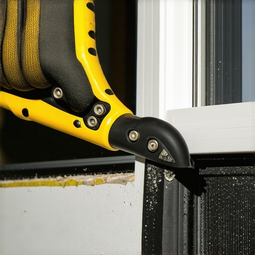 Precizno sečenje izolacione gume pod uglom Sečenje crne EPDM gume skalpelom na belom prozoru pod uglom od 45 stepeni