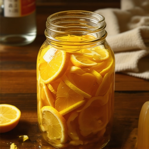 Domaći sprej od kora citrusa i sirćeta u procesu pravljenja na drvenom stolu