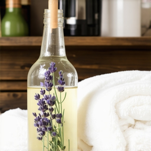 Staklena flaša sa sirćetom i lavandom pored čistih belih peškira na drvenoj polici