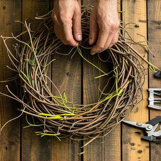 Ručno pletenje venca od grančica breze i vrbe na drvenom stolu