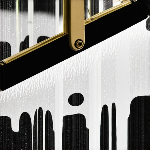 Close-up profesionalnog brisača za prozore sa mesinganom drškom na mokrom staklu