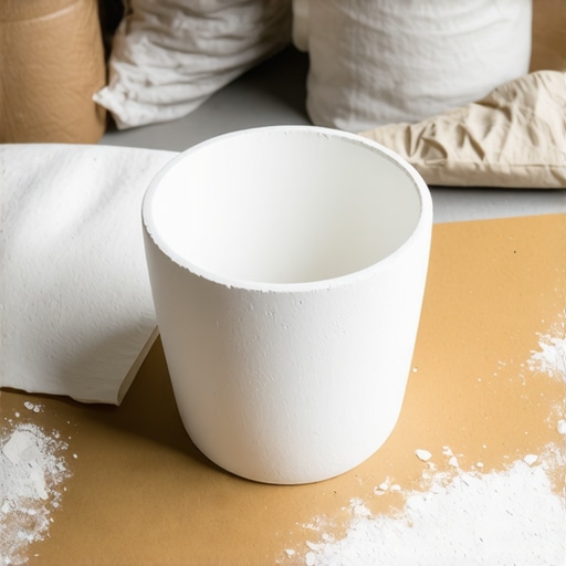 Ručno rađena saksija od gipsa u radionici Minimalistička saksija od belog gipsa na drvenom stolu sa alatima za hobi