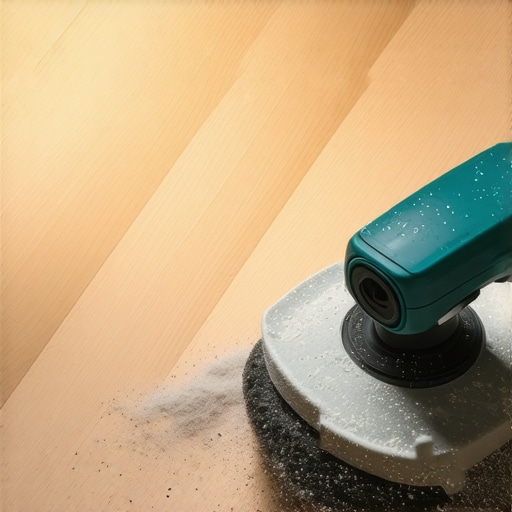 Sanding laminate floor for painting Detail of sanding laminate flooring with 120 grit sandpaper to create adhesion surface.