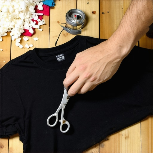 Krojačke makaze seku pamučnu majicu na drvenom stolu sa punjenjem u pozadini