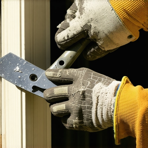 Ruke koje stružu staru izolaciju sa drvenog prozora špahtlom