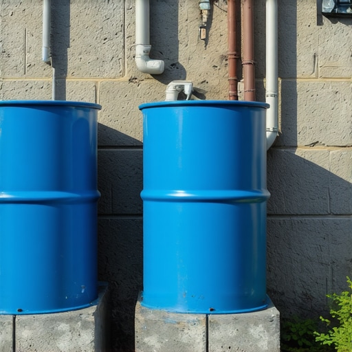 Uradi sam sistem za sakupljanje kišnice od buradi Plava burad za kišnicu na betonskim blokovima u bašti