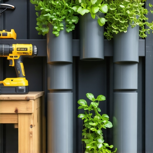 Vertikalna bašta od PVC cevi na balkonu Detaljan prikaz vertikalne bašte napravljene od sivih PVC cevi sa zasađenim jagodama i začinskim biljem.