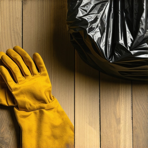 Radne rukavice i crni džak za smeće na drvenom podu