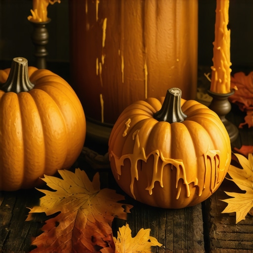 Ručno rađena dekoracija od pravih bundeva i sveća na drvenom stolu