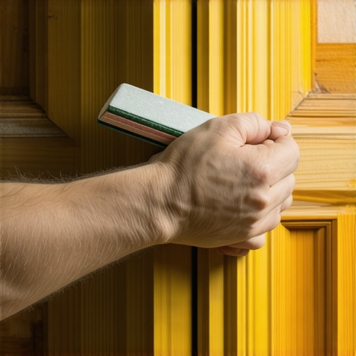 Ruke majstora kako šmirglaju stara drvena ulazna vrata pre farbanja