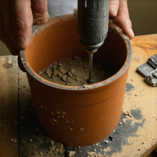 Bušenje drenažnih rupa na saksiji Majstor buši rupe na dnu glinene saksije za bolju drenažu povrća