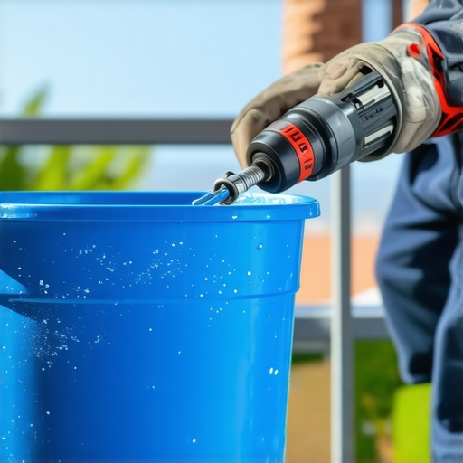 Čovek buši drenažne rupe na dnu plave plastične kante na sunčanoj terasi