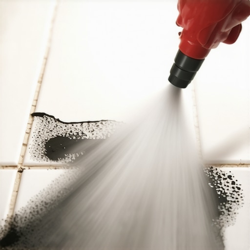 Mlaznica paročistača čisti crne fugne u kupatilu