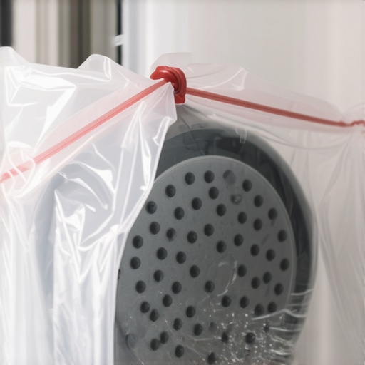 Čišćenje glave tuša sirćetom i kesom Glava tuša u kesi sa sirćetom radi skidanja kamenca