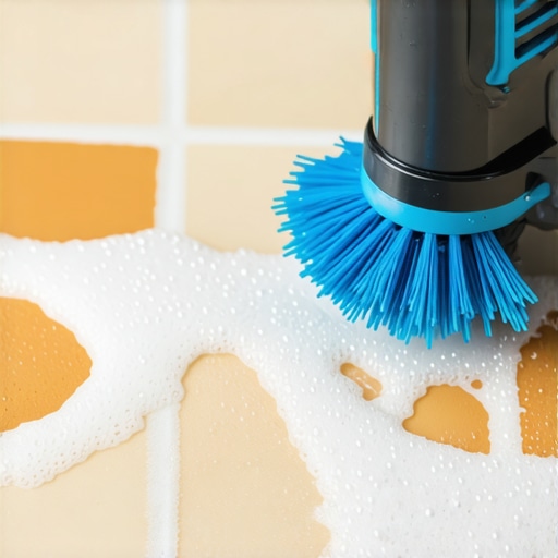 Akumulatorska bušilica sa plavom četkom čisti fugne u kupatilu