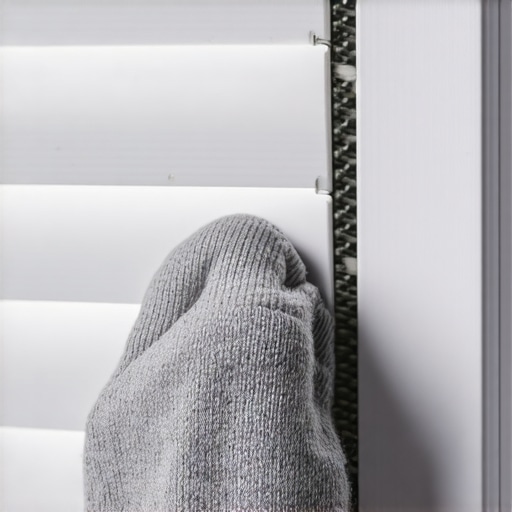 Ruka sa čarapom čisti aluminijumske venecijanere na prozoru